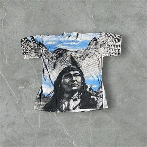 Vintage Native American Shirt Mens Large Blue Wrap Around Indian AOP Chief Eagle